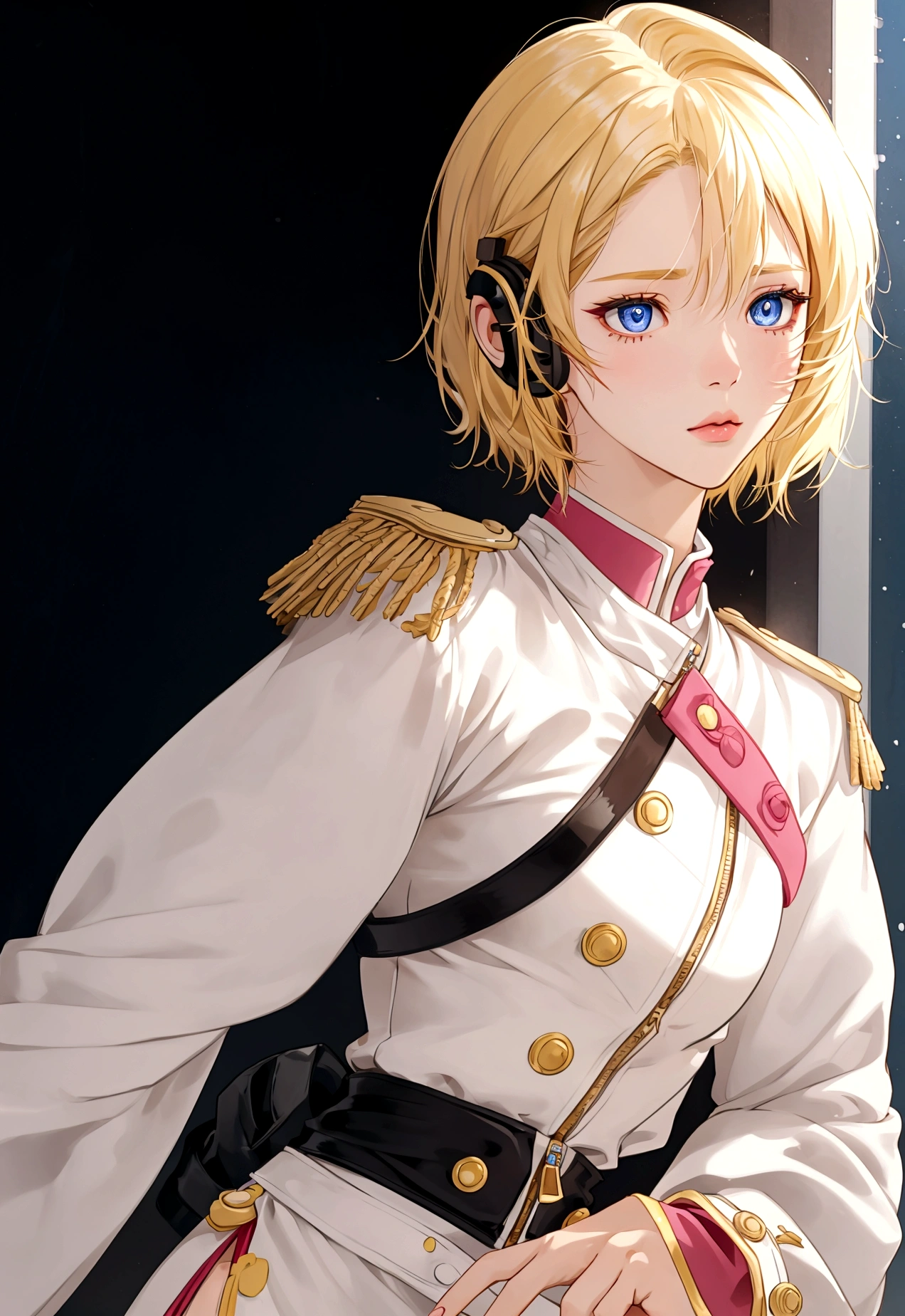 A detailed anime-style illustration of a young woman. She has short blonde hair that falls just above her shoulders, with a straight and smooth texture that has a slight shine. Her eyes are large and blue, with a serious and determined expression. She has a small, well-defined nose and a subtle curve to her lips. She is wearing a headset microphone attached to her ear. She is dressed in a pink uniform with white accents, a red collar, and gold trim. The uniform has shoulder epaulets and a zipper running down the front. Pay special attention to the shape and color of her eyes, the smooth and shiny texture of her blonde hair, the subtle curve of her lips, and the small, well-defined nose. The background should be plain to keep the focus on the character.