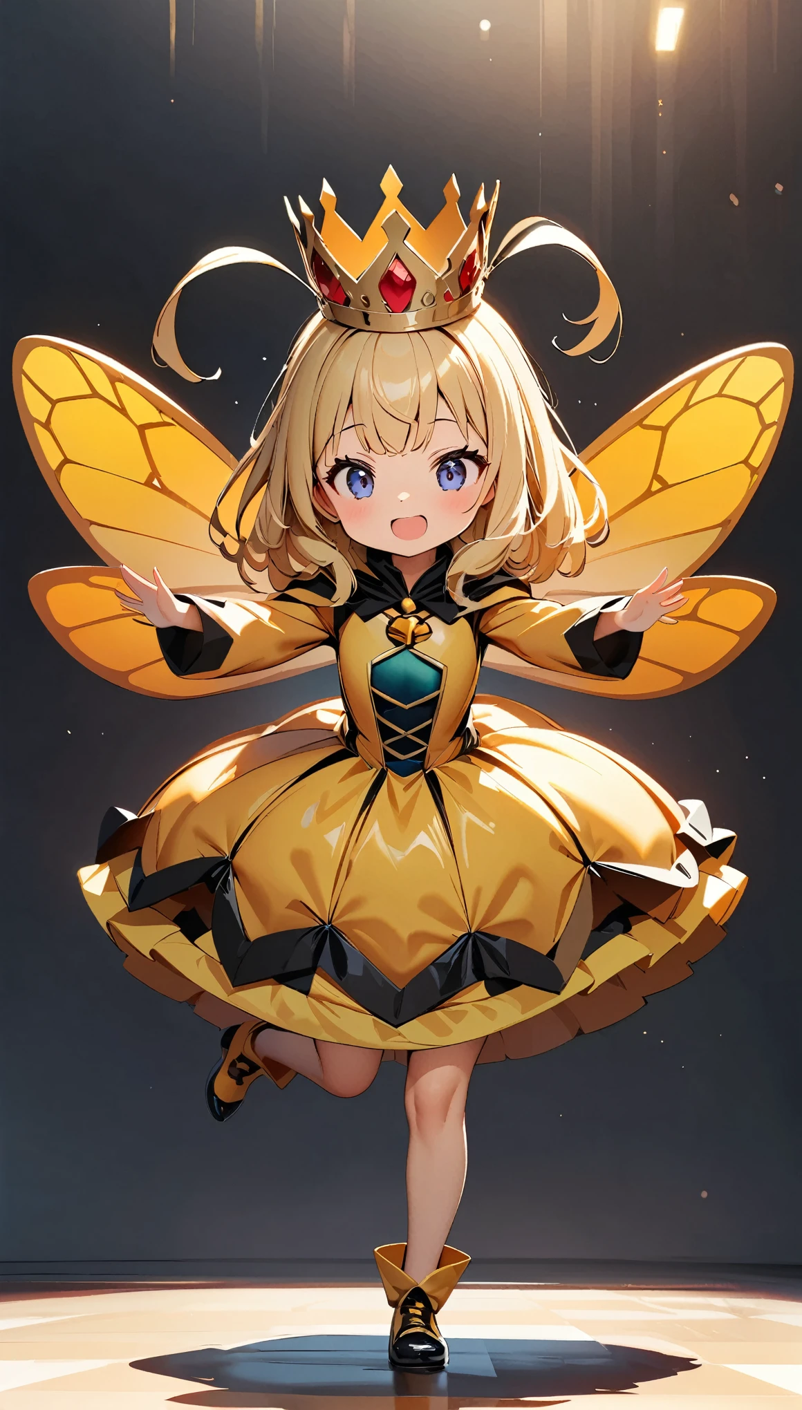 (Highest quality:1.2, High detail, masterpiece:1.2, Best aesthetics), (1 Girl), Young, Young Girl, small, Queen bee costume, Cosplay, Pretty crown, Detailed wasp costume, Play, dance, Full body view:1.2, Single color background, Bright colors, Deformation, Little.