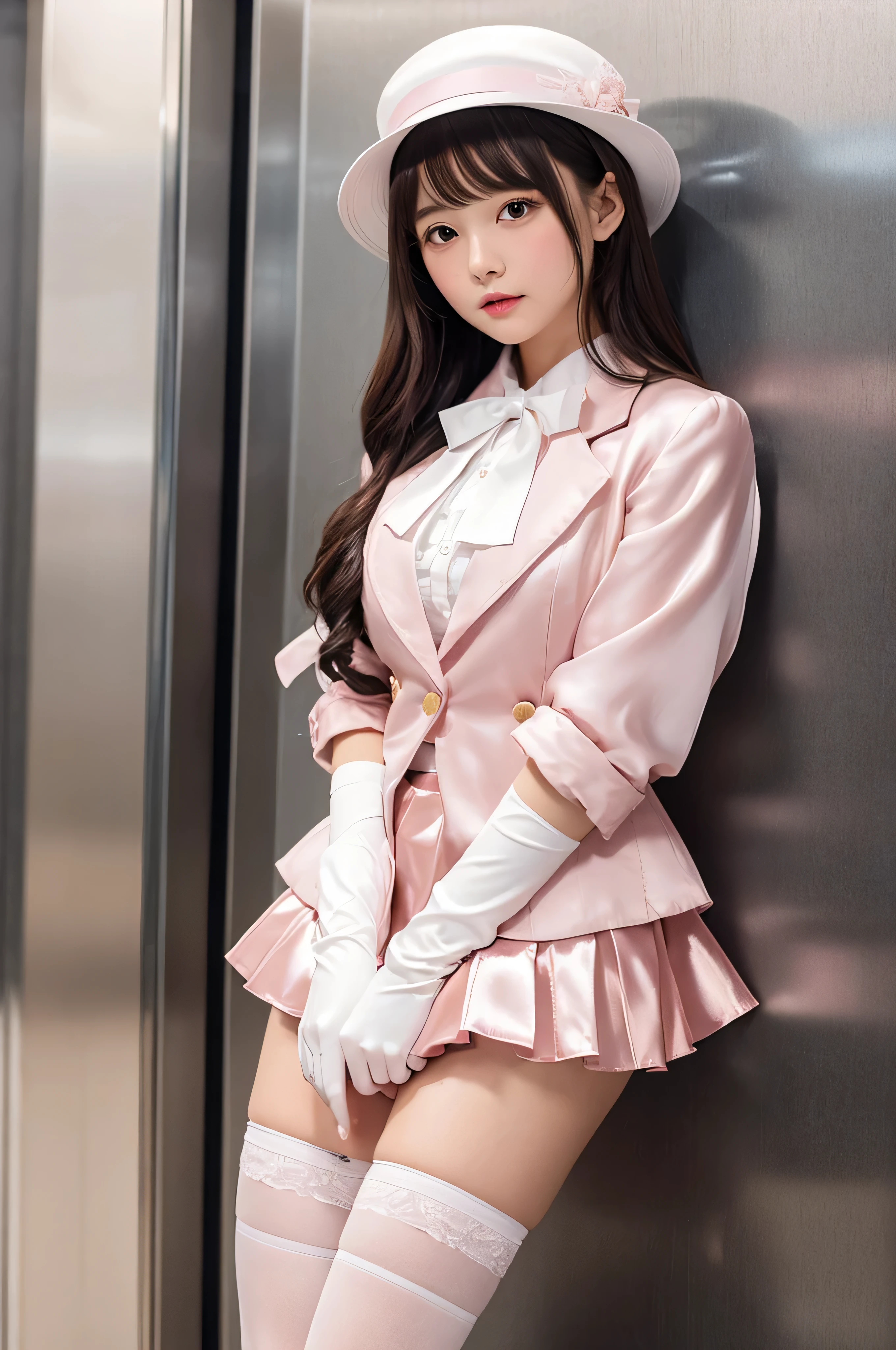 Highest quality、Elevator Girl、A short pink jacket made of shiny silk、White blouse with ribbon、Very short tight skirt、Micro Mini Skirt、A small round hat with a ribbon、Skinny、White gloves、White over-the-knee socks、Flushed Cheeks、Embarrassed look、Pulling the skirt with your hands