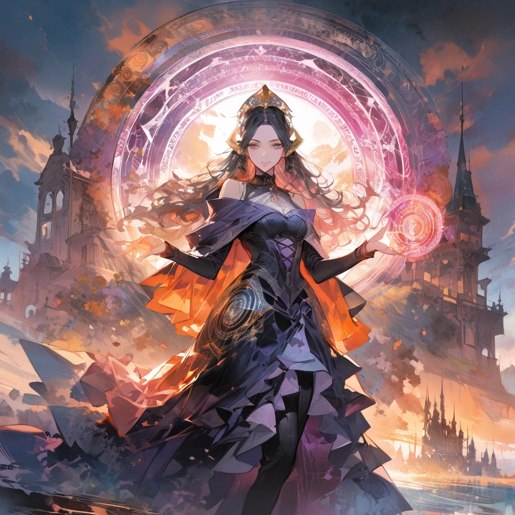 (Magic Circle:1.5), aesthetic, extremely detailed, Digital fantasy double exposure watercolor silhouetted pretty young sorceress woman,liliana vess, doing a magic spell with a present castle sunset in the dress. Geometric forms in the background, by Waterhouse, Carne Griffiths, Minjae Lee, Ana Paula Hoppe, Stylized watercolor art, Intricate, Complex contrast, HDR, Sharp, soft Cinematic Volumetric lighting, flowery fractal colours, wide long shot, perfect masterpiece