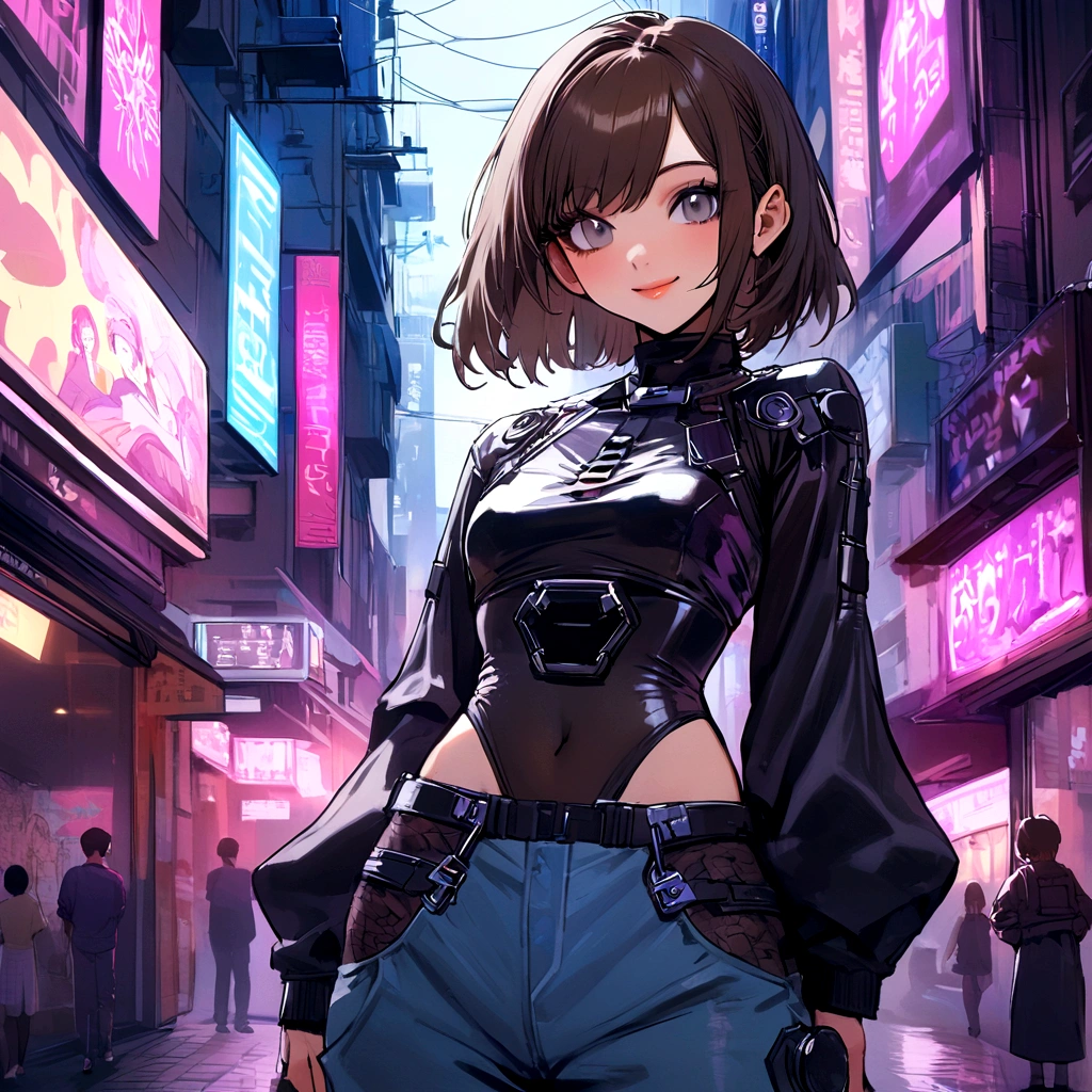make me a female, 16 years old, short dark brown hair, grey eyes, cyber outfit, baggy jeans and tight top, she's smiling
