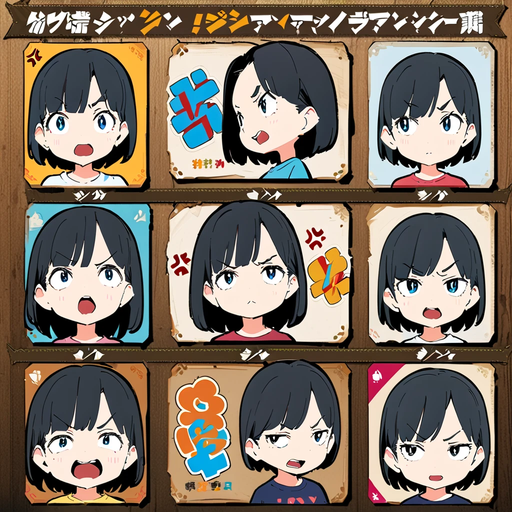 (Thick painting style),Bold line, ((masterpiece,)),(((Highest quality))),((Joy, anger, sorrow, and happiness,Mouth open,Girls in their 20s,Dynamic pose)),Short black hair,Black cat ears,T-Shirts,jeans,(((Character design sheet,Character Portrait,Full Art))),Messy