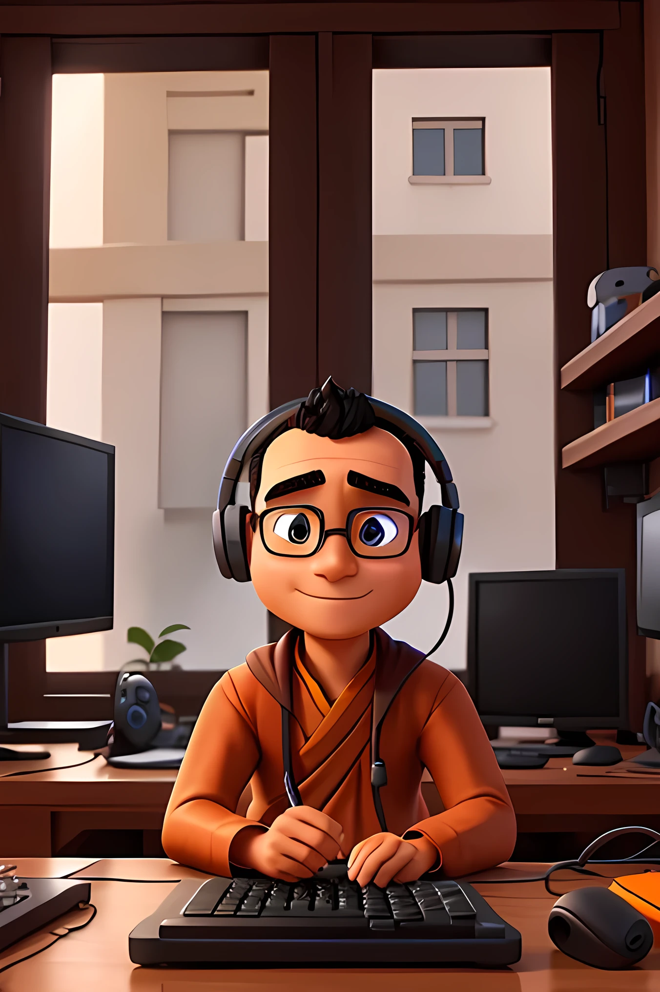 Indian monk using computer, front facing , wearing gaming headphones 