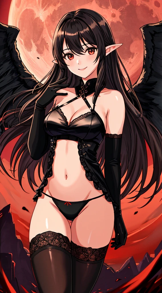 1girl, black_gloves, black_wings, blood, blood_splatter, breasts, elbow_gloves, feathered_wings, gloves, long_hair, looking_at_viewer, medium_breasts, navel, panties, pointy_ears, red_moon, red_sky, smile, solo, thigh_strap, thighhighs, underwear, wings, (masterpiece, best quality, ultra-detailed, best shadow:1.2), high resolution,((cinematic light)), hyper detail, dramatic light, intricate details, dynamic angle, (extremely detailed CG unity 8k wallpaper:1.05), earth, milky way, starry
