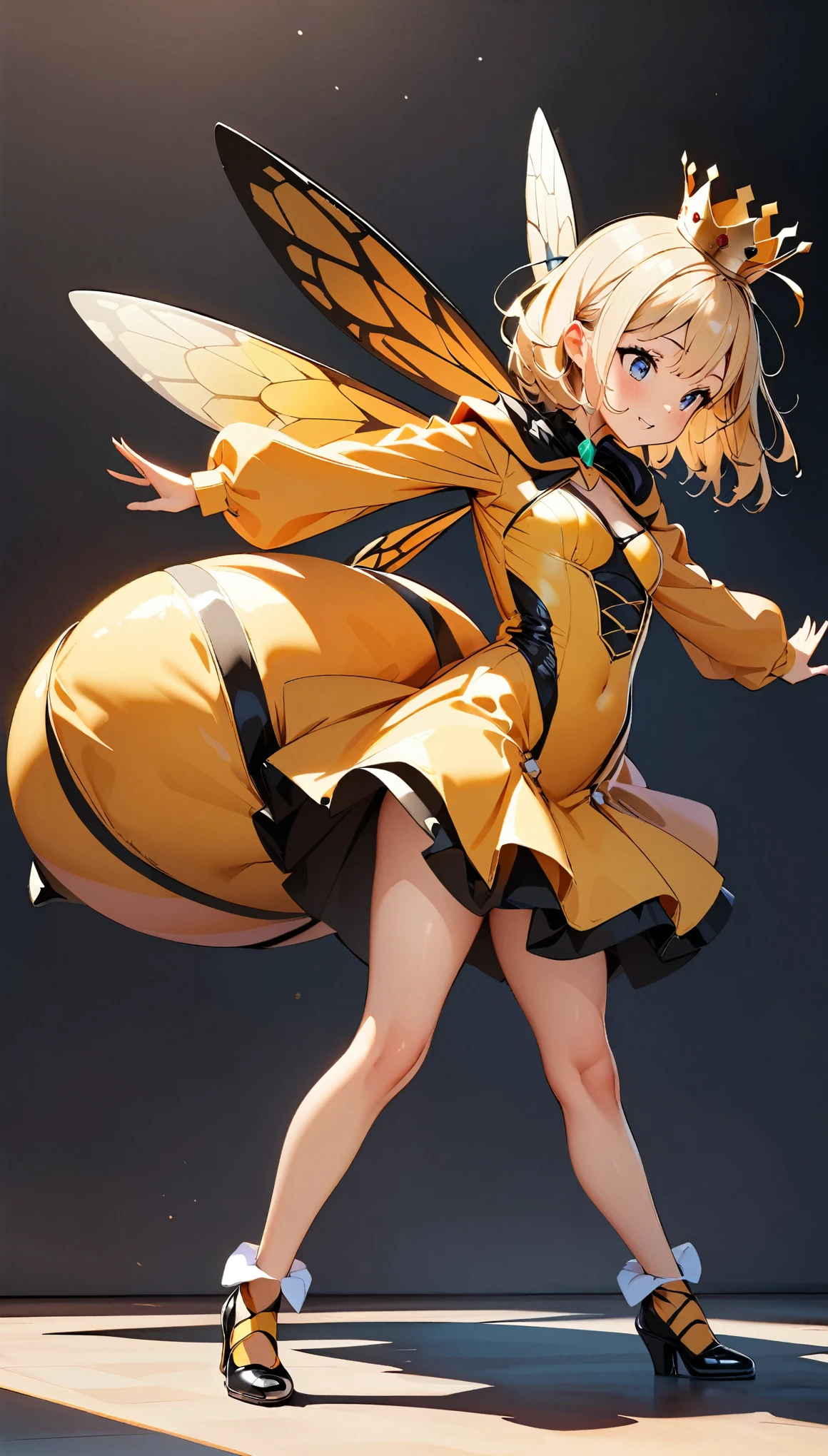(Highest quality:1.2, High detail, masterpiece:1.2, Best aesthetics), (1 Girl), Young, Young Girl, small, Queen bee costume, Cosplay, Pretty crown, Detailed wasp costume, Play, dance, Full body view:1.2, Single color background, Bright colors, Deformation, Little.