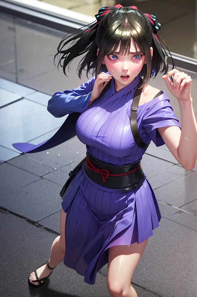 Nino nanaco、short hair, Twin tails、Random color hair、 blue eyes, hair ornaments, Hair Ribbon, blunt , Both sides up, butterfly hair ornaments, skirt,Off the shoulder、Random color see-through kunoichi costume、Japanese see-through female samurai costume、See-through female ninja costume,, Open clothes, Collared dress emphasizes cleavage、胸の谷間のSweat is noticeable、Professional lighting light reflection、 looking at viewer, (masterpiece:1.2), Highest quality, High resolution, unity 8k wallpaper, (figure:0.8), (Beautiful fine details:1.6), Highly detailed face, Perfect lighting, Highly detailed CG, (Perfect hands, Perfect Anatomy),heavy rain、heavy rainで全身びしょ濡れ、heavy rainで全身びしょ濡れの服、High heels、 ((Perfect handsの形))、(Perfect foot shape、Embarrassed expression、blush、Gestures to seduce a man、Shining Sweat、Perfect Skin,Sweat is noticeable、太もものSweat is noticeable、 Fair skin,Tight waist, Sweating profusely、Sweaty hair、Sweaty clothes、Sweaty、Visible sweat、rain-wet hair、A vast Western church with stained glass windows、Holding a Japanese sword