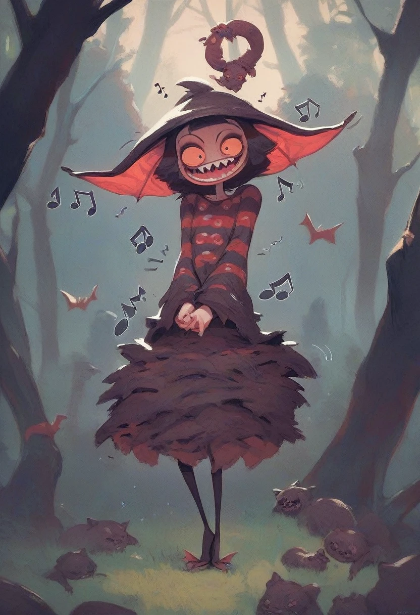 score_9, score_8_up, score_7_up, score_6_up, score_5_up, score_4_up, bats singing in a row, evil smiles, dancing notes, big trees in the forest, cute horror fantasy, disney-style horror effects