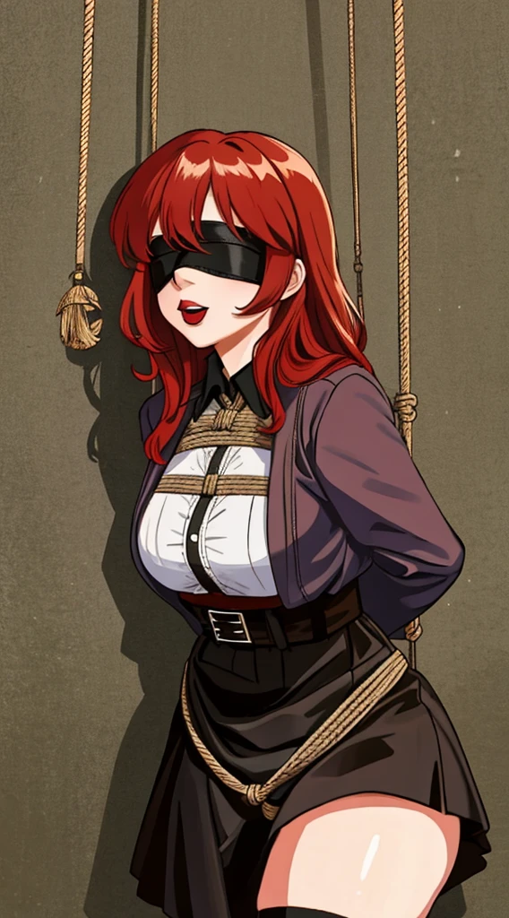 ((best quality)), ((masterpiece)), (detailed), redhead 30yo woman tortured hogtied, hogtie, rope, ballgag, blindfold