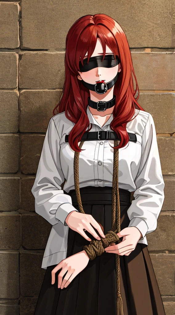 ((best quality)), ((masterpiece)), (detailed), redhead 30yo woman tortured hogtied, hogtie, rope, ballgag, blindfold