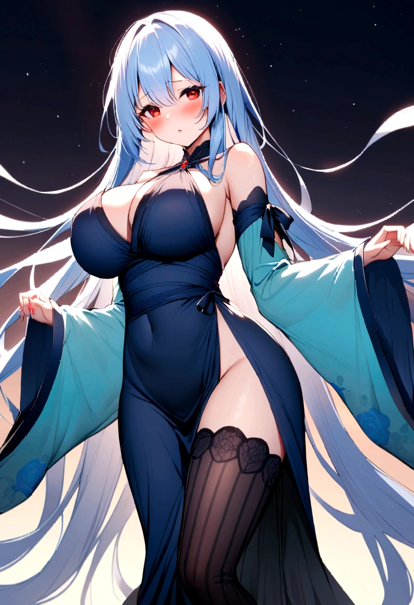 Light blue hair, very long hair, red eyes, big breasts, solo, blush, adult chiffon dress, blue floral pattern stockings, stripped sleeves, wide sleeves