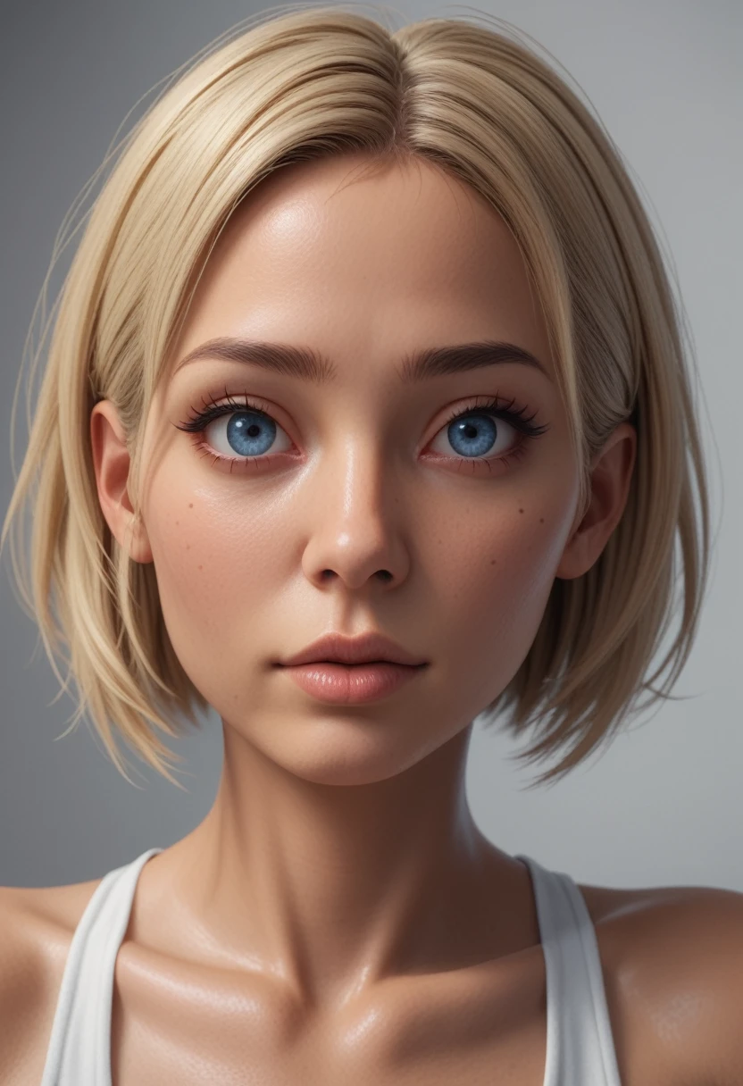 1 girl, looking at the viewer, 8k, real,  extreme face detail, ultrareal, 12k, 4k,  beautiful face, blonde hair with medium cut,  sexy,  Blue eyes,  tanned,