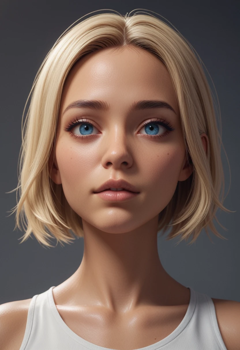 1 girl, looking at the viewer, 8k, real,  extreme face detail, ultrareal, 12k, 4k,  beautiful face, blonde hair with medium cut,  ????,  Blue eyes,  tanned,