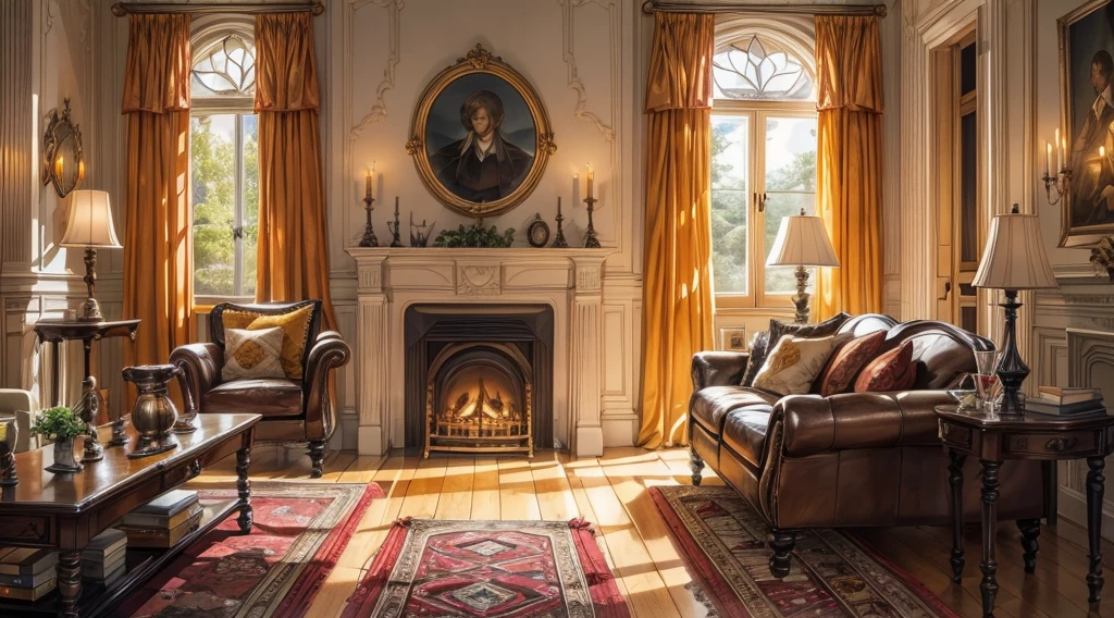 Interior, victorian Manor with reliquies, (((Nigth))), (((moonligth enters the living room))) soft pale orange palette, soft secundary exterior ligth