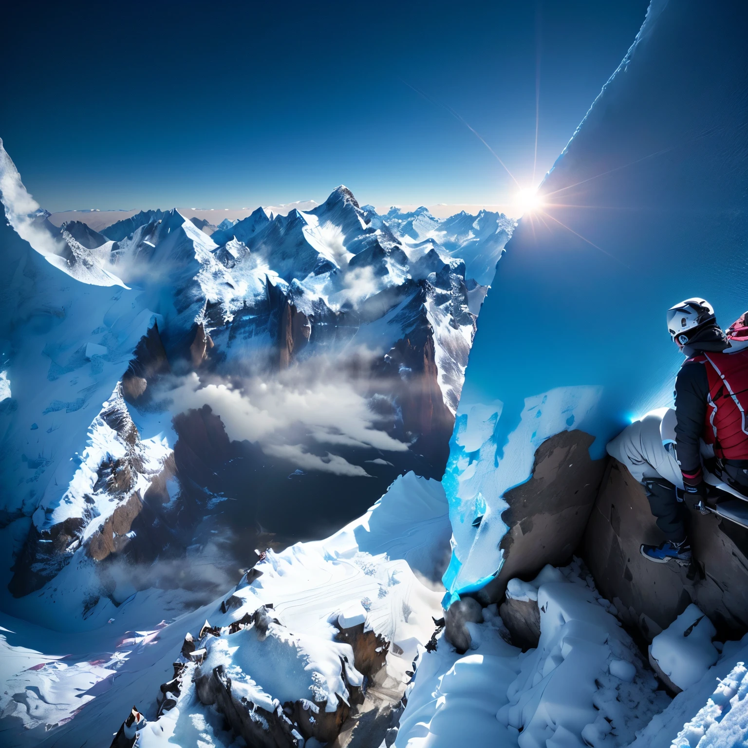 Extreme Sports Photography, There are snow mountains and ice, Himalayas, Extreme viewing angle, Takayama上, extreme panoramic, incredible perspective, impressive perspective, Takayama, There is an outdoor tent carved into the side of the mountain, Extremely high detail, Takayama上, hiker, spectacular mountains, Very high detail