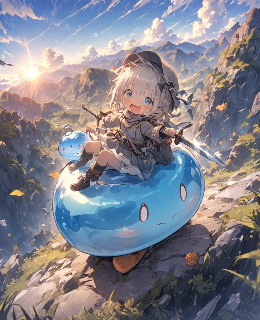 A small swordsman riding a blue slime, In the mountains、Clear blue sky、adventure、Fisheye Lens、SLR、Feel the depth、Fun Expressions
