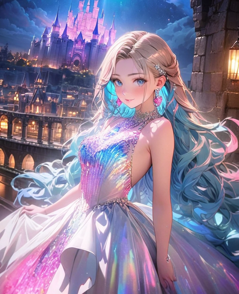 8K,gal，Beautiful and realistic skin,Shiny jewel-like earrings，pink glowing tattoo,Long colerful hair,blue eyes,Night view,Sparkling landscape,whole body,Sparkling jewel dress,Western-style castle,A sparkling chandelier