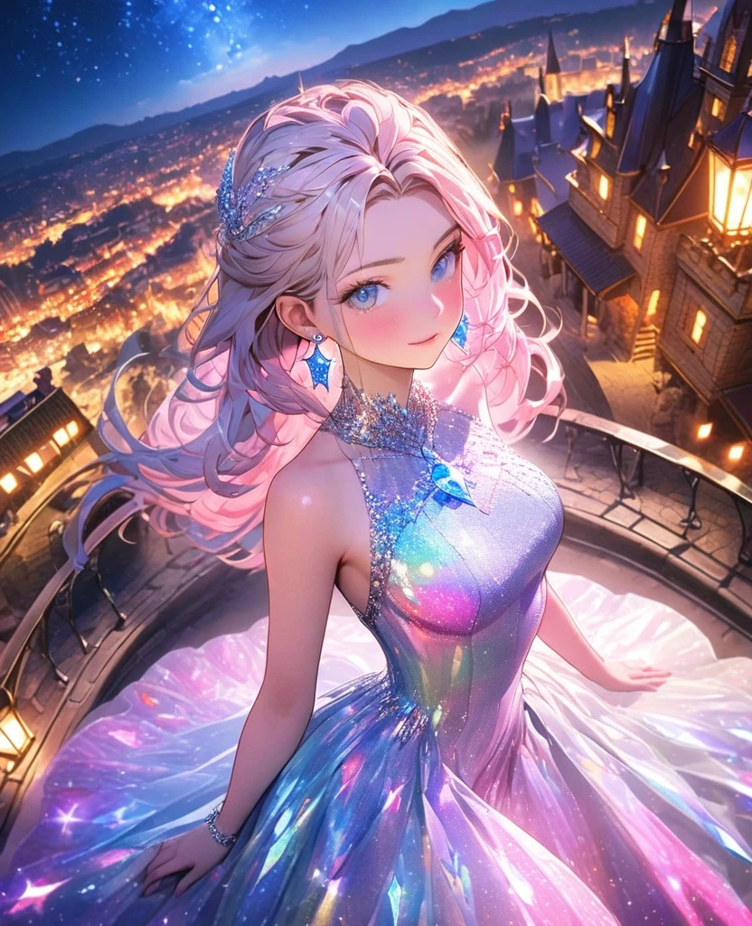 8K,gal，Beautiful and realistic skin,Shiny jewel-like earrings，pink glowing tattoo,Long colerful hair,blue eyes,Night view,Sparkling landscape,whole body,Sparkling jewel dress,Western-style castle,A sparkling chandelier