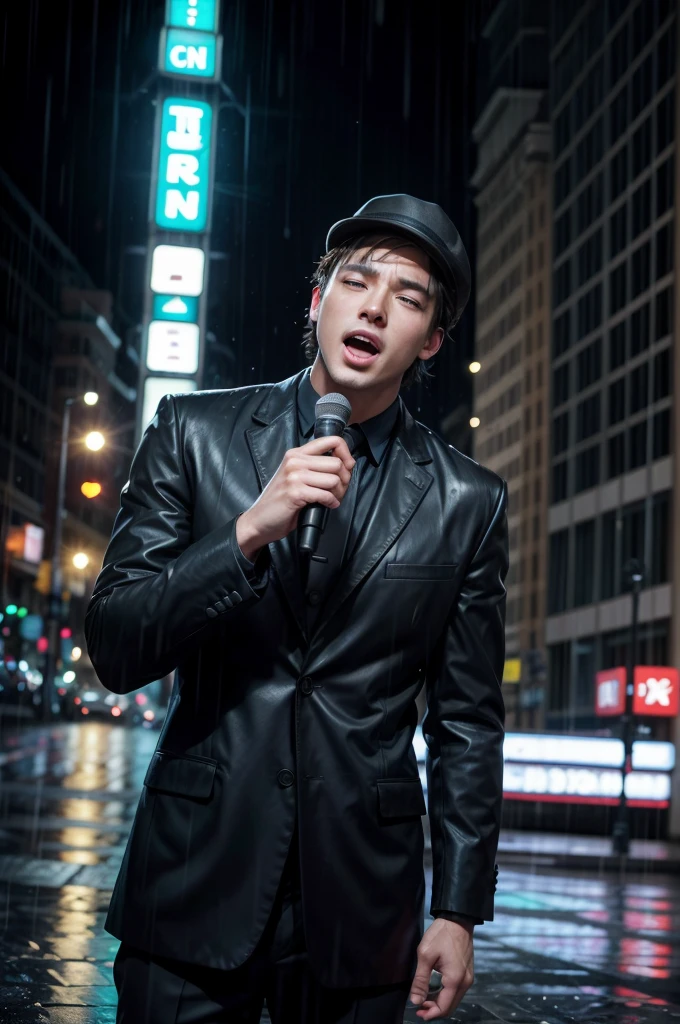 Make a picture of a man singing in the rain.