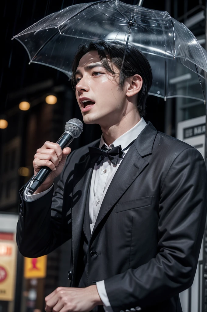 Make a picture of a man singing in the rain.