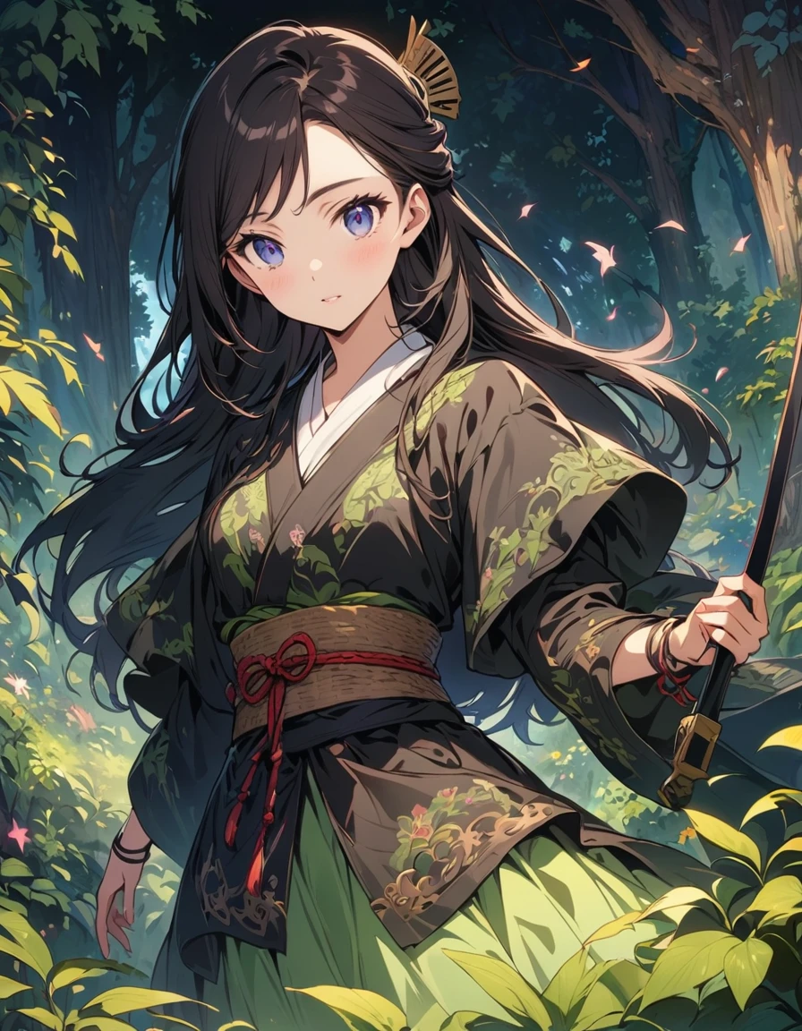 A young samurai girl with dark hair in green , sword raised high, in the style of anime with a fantasy forest background. The art has an anime style, composition, and aesthetics with an ultra detailed illustration. It is a high resolution image with high quality and details. The shading and line work are perfect, as is the natural lighting. The piece is a masterpiece. --ar 3:4 --niji 6