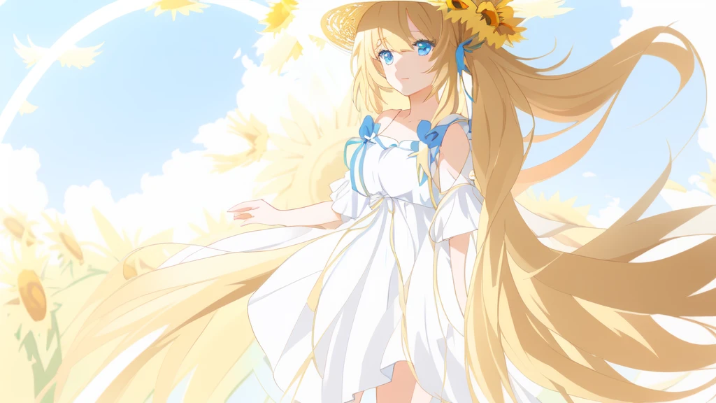 Anime girl wearing a straw hat and a white off-shoulder dress with long golden ponytails and blue eyes with a field of sunflowers behind her, Anime Goddess, In the anime painter studio, Soft anime illustration, Anime Shadows), Lolita in a skirt, Anime art style, Anime Shadows, Digital Animation Art!!, Produced in collaboration with Anime Painter Studio, pixiv style