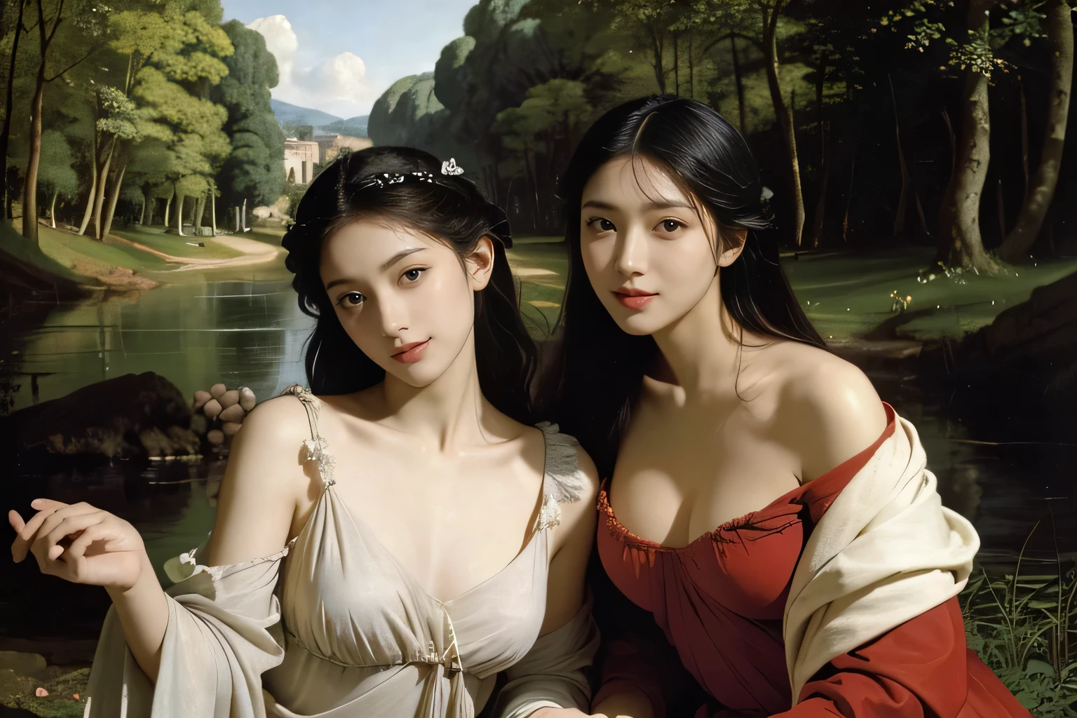 Giorgione painting style,Barbizon forest A beautiful woman in Greek dress smiles on the shore,Sweet and seductive appearance.、Caravaggio's paintings、Chiaroscuro of Caravaggio、hair tousled by the wind,Two women frolicking,cute smile, expression of ,Sexy,er, ful portrait