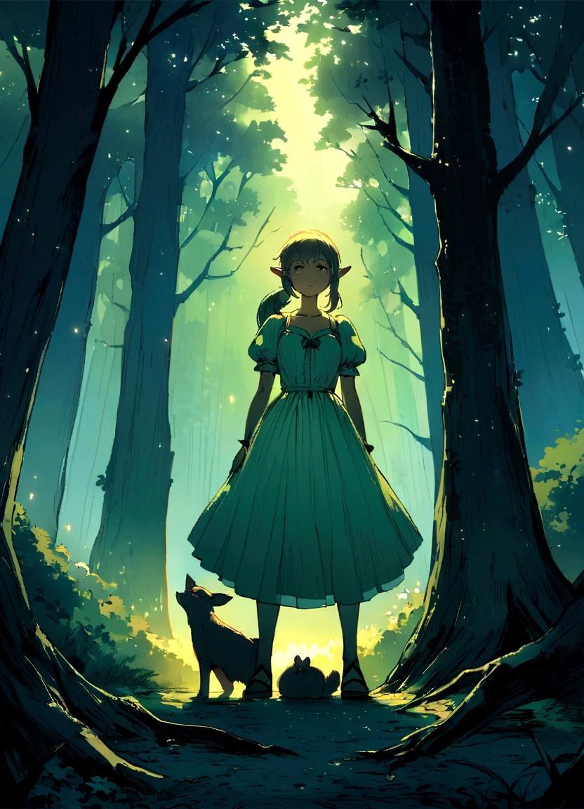Illustration for a fairy tale about a girl, standing in the forest, who can talk to animals