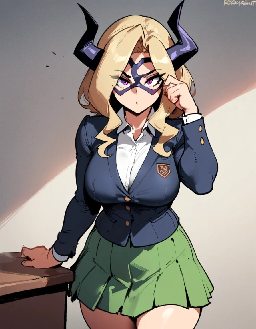 1girl, mount lady, boku no hero academia \\\\\ masterpiece, best quality, very aesthetic, absurdres, newest \\\\\\ sportive body, \\\\\\ by dodok, nyantcha, cutesexyrobutts, by khyle ///// blonde, purple eyes, (school uniform:1.2), green skirt, at school
