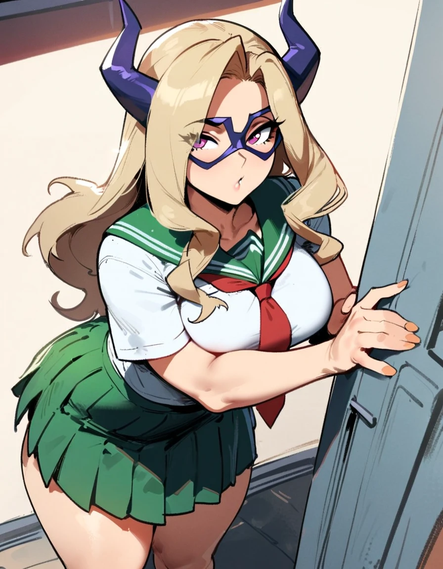 1girl, mount lady, boku no hero academia \\\\\ masterpiece, best quality, very aesthetic, absurdres, newest \\\\\\ sportive body,  \\\\\\  by dodok, nyantcha, cutesexyrobutts, by khyle ///// blonde, purple eyes,  (school uniform:1.2), green skirt, at school