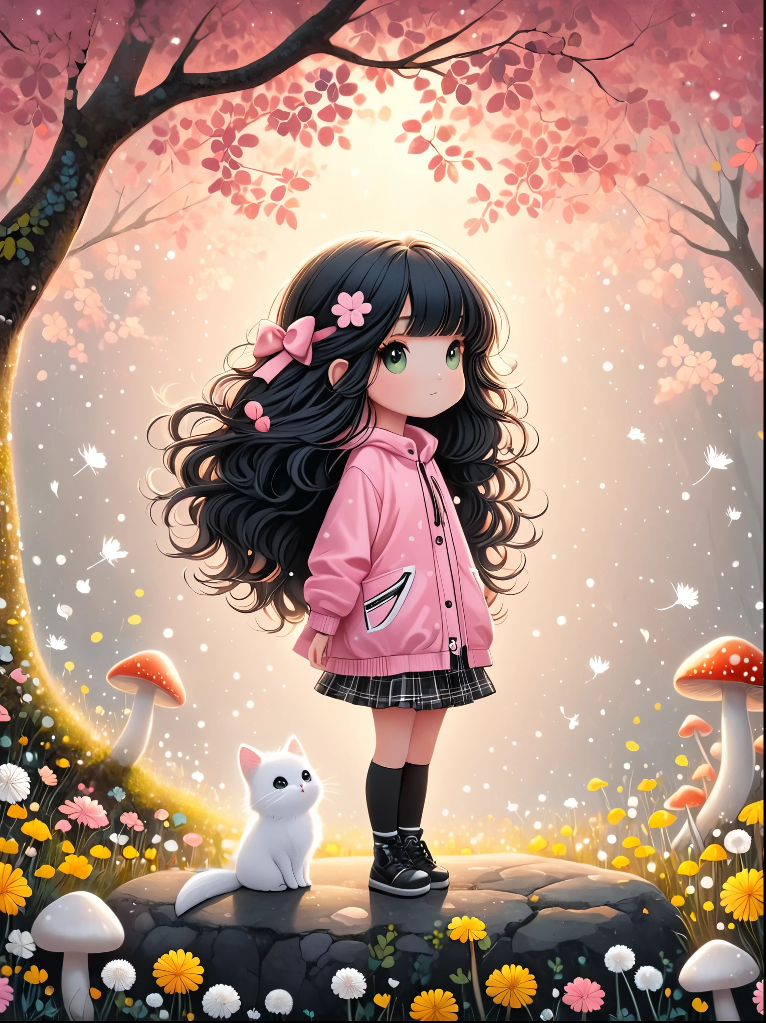 Cute cartoon boy, whole body,Mushroom floating, Pink and white color scheme, sharpie illustration, Thick lines, Grunge rock style beauty, Blending Mode, in the style of Amanda clark, Evgeni gordiets, illustration, 1 nhbm 1