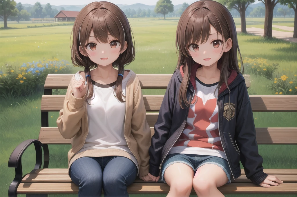 One girl, alone, 20-year-old, Brown eyes, Brown Hair, smile, Nice casual clothes, grassland, bench, headphone, masterpiece, Fine Fingers, 最high quality:1.4, high quality, detailed,