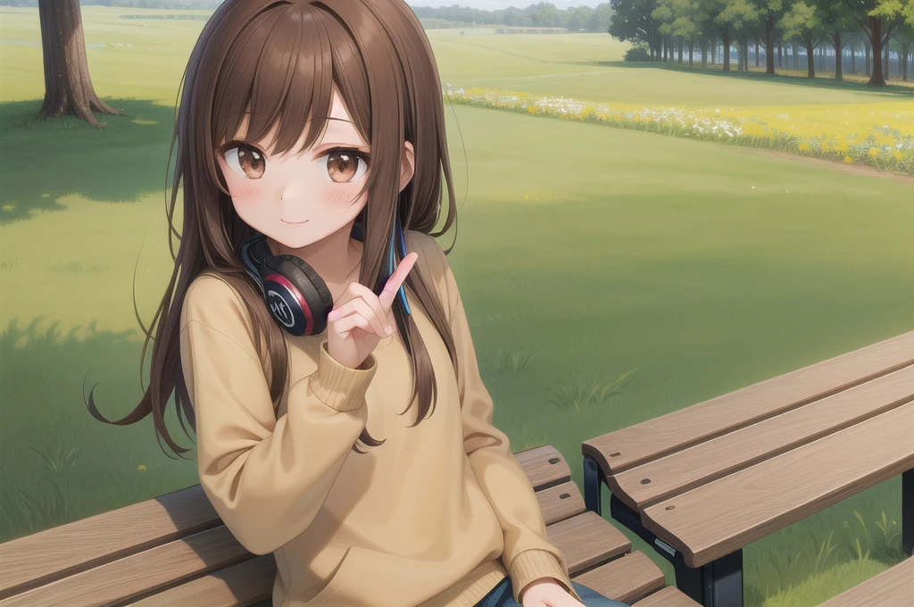 One girl, alone, 20-year-old, Brown eyes, Brown Hair, smile, Nice casual clothes, grassland, bench, headphone, masterpiece, Fine Fingers, 最high quality:1.4, high quality, detailed,