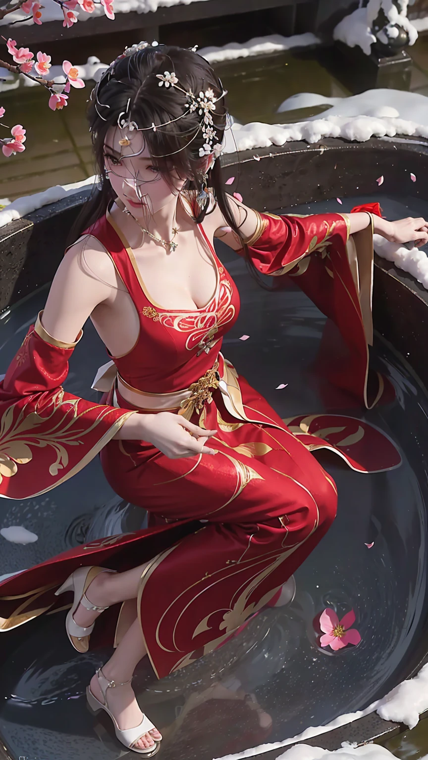 (Logo、masterpiece、8K、On the table、RAW photos、wonderful、最high quality、Photorealistic and hVery detailed CG integrated 8K wallpaper、high quality、Very detailed、Narrative Poems、Particle Effects、dynamic effect)、fantasy、 (1 beautiful woman、Pretty Face、serious、Beautiful and delicate eyes、Beautiful skin、Woman dancing gracefully:1.4)、头发在wind中飘舞、hair jump、camisole、Silver earrings、night、wind、snow and 霜、Very cold winter day、Bathtub side、wonderful scenery、美丽的自然wind光、night sky、wind、Cherry blossoms、Cherry blossomsの花びらが舞っている、Fubuki Sakura、Falling Flowers,Red Chinese wedding dress,Red Dress,Full body capture