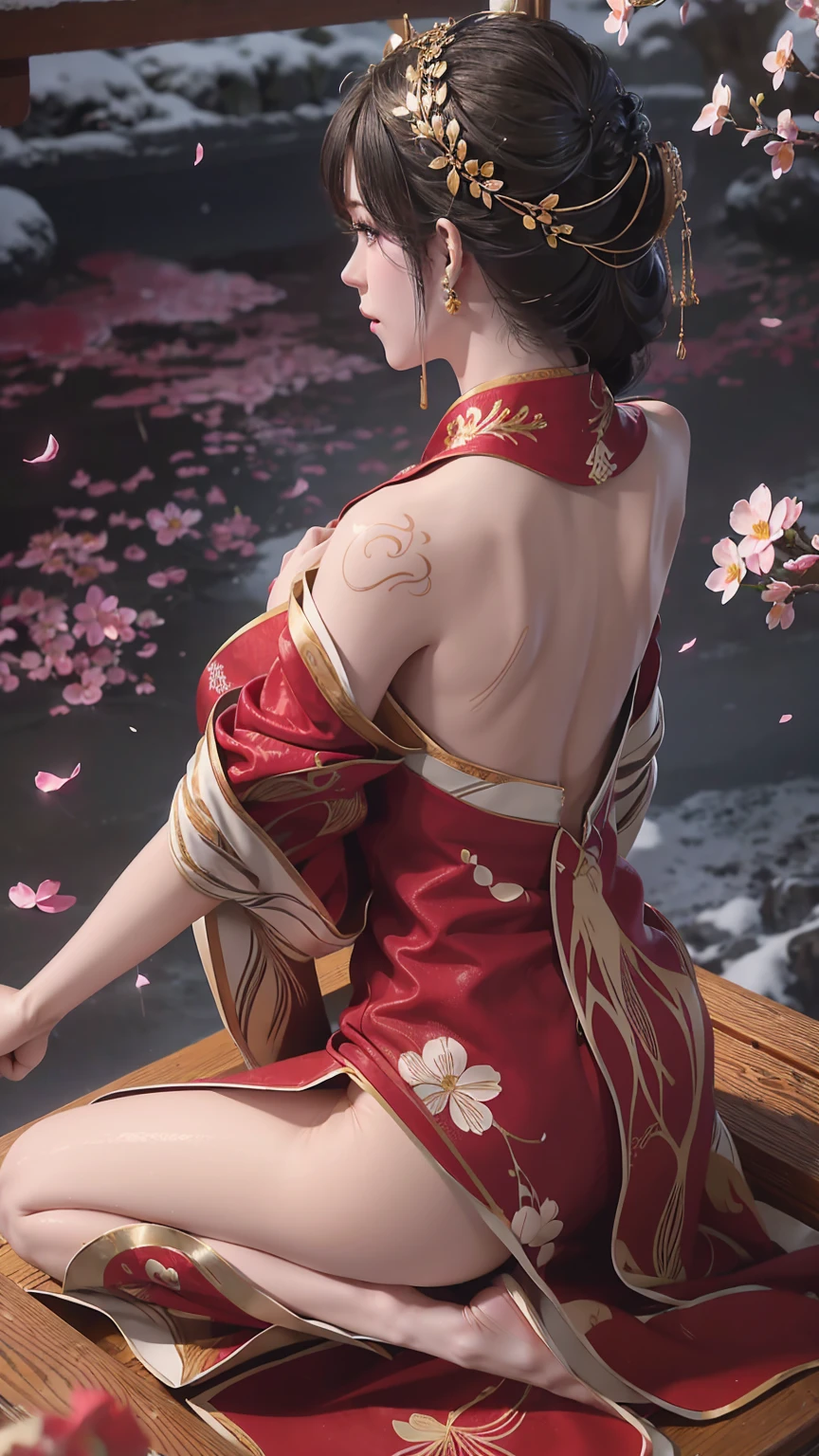 (Logo、masterpiece、8K、On the table、RAW photos、wonderful、最high quality、Photorealistic and hVery detailed CG integrated 8K wallpaper、high quality、Very detailed、Narrative Poems、Particle Effects、dynamic effect)、fantasy、 (1 beautiful woman、Pretty Face、serious、Beautiful and delicate eyes、Beautiful skin、Woman dancing gracefully:1.4)、头发在wind中飘舞、hair jump、camisole、Silver earrings、night、wind、snow and 霜、Very cold winter day、Bathtub side、wonderful scenery、美丽的自然wind光、night sky、wind、Cherry blossoms、Cherry blossomsの花びらが舞っている、Fubuki Sakura、Falling Flowers,Red Chinese wedding dress,Red Dress,Full body capture