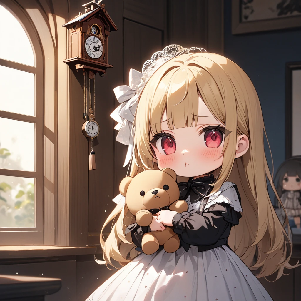 (8K, best quality, master piece: 1.2), super high resolution,1 girl is hugging a stuffed teddybear,,独奏,(chibi:1.4),15yo,ultra-detailed face,detailed eyes,Blonde,Long Hair, red eyes,blunt bangs,((pout)),blush,Portrait,white Fascinator,wearing a white dress with black polka dots,black bolero,BREAK,Cuckoo clock,window,Rim Light,Shooting from the side,room
