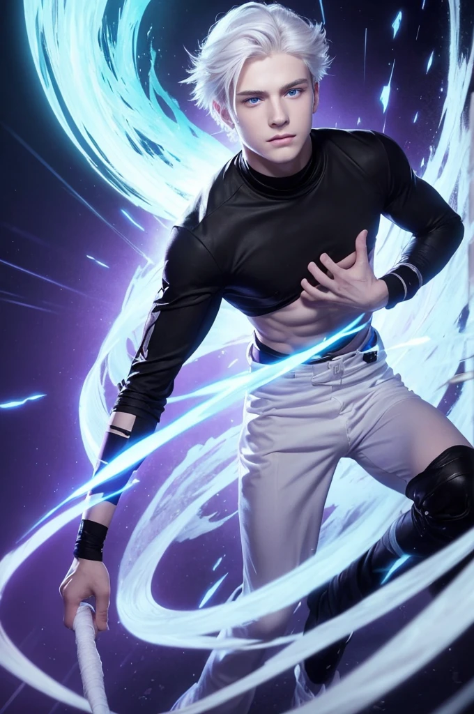 A young man with white hair, about 20 years old, tall, with blue clear eyes, pale skin, dressed in simple black clothing. He is holding bandages in one hand and emitting purple energy from the other. The background is a distorted dimension, and the character is in a dynamic, action-packed pose.