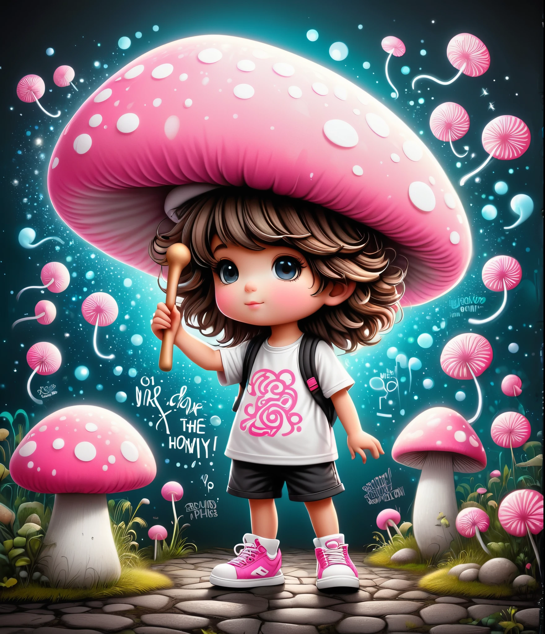 Cute cartoon boy, whole body,Mushroom floating, Pink and white color scheme, Graffiti in the style of Keith Haring, sharpie illustration, Thick lines, Grunge rock style beauty, Blending Mode, Text and emoticons installation, illustration,, 1 nhbm 1