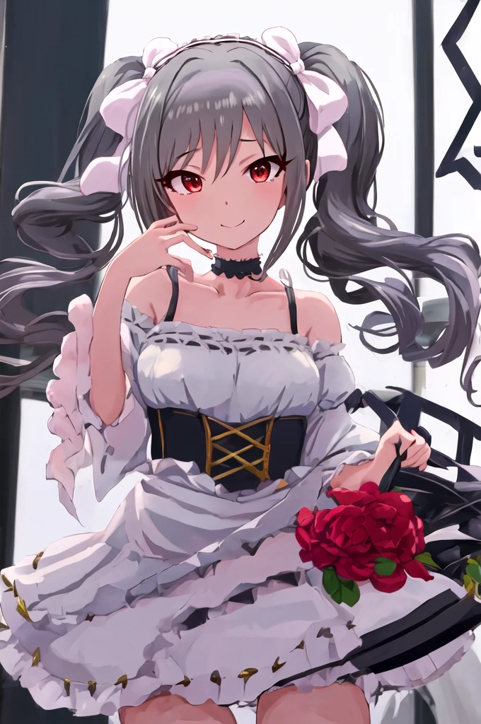 Highest quality, masterpiece, High resolution, 一人in, {kanzaki_early_Idolmaster Cinderella Girls:1.15}, gray_hair, red_eye, length_hair, twintails, Drill_hair, twin_Drills, smile, ribbon, red面, hair_ribbon, chest, One girl,, choker, clavicle, ,_****ta, ****ta_, Looking_in_Audience,, Simple_background, upper_body, white_background,  ふくらんinいる_ タコ足がまんこに挿入されている タコ足が口に奥まin挿入されている M字開脚している 足を広げている タコ足がchestにくっついている red面 ヨダレ 涙 絶頂 タコ足に2穴責めされている 乳首 eye隠し 両手を上側にタコ足に縛られている 脇 中出しされている eye隠し 