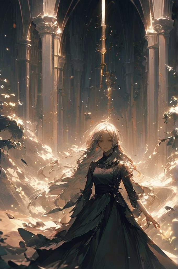 ((Лучшее качество)), ((шедевр)), (подробный), Half of my soul doesn't exist. She died...and all the feelings that were in her. I tore it out of my chest and threw it away, buried the remains in the depths of my body - like another part of her, reaching for the light, trying to survive in this world