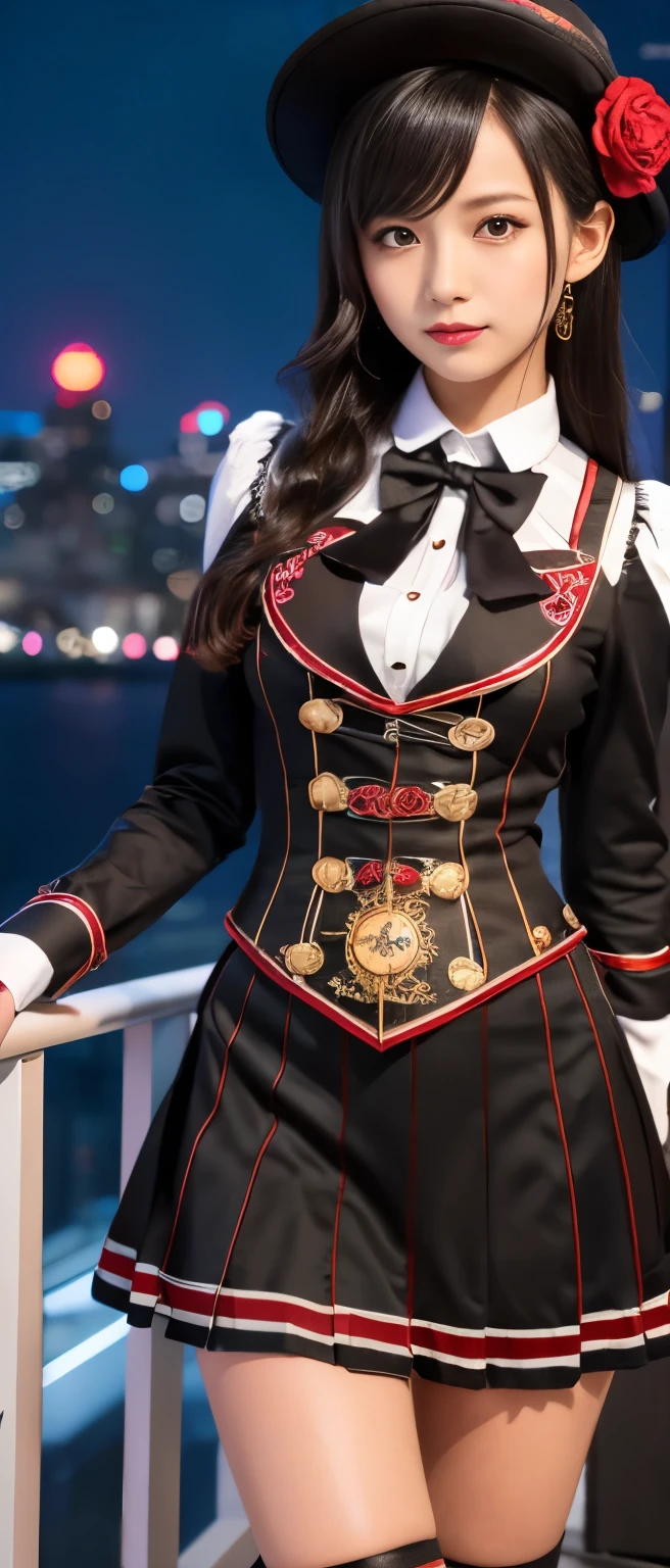 Tall cute idol magician girl、whole body、Good style、、、、、、、、、、Tanned thick legs、、Red striped steampunk magician uniform(Skull and rose embroidery)、Neat and clean idol face、Glowing、City of night