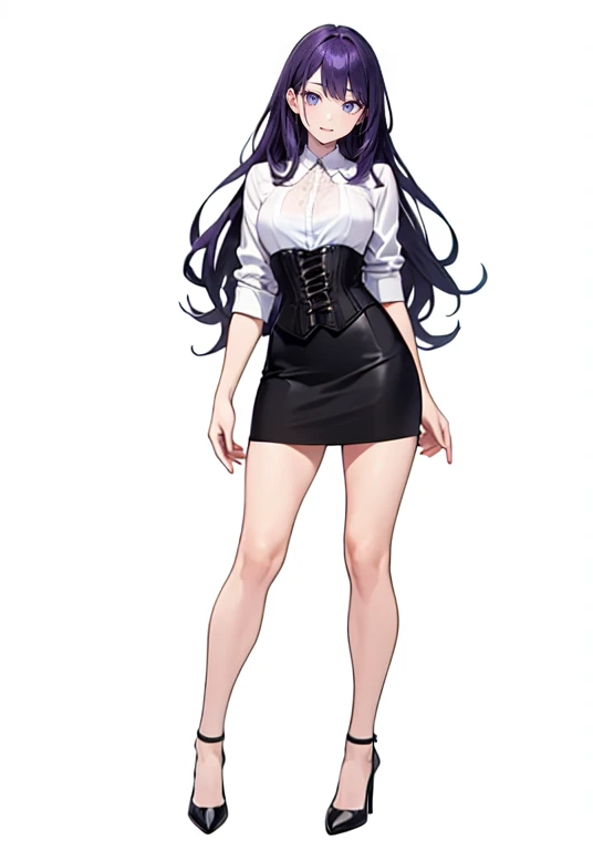 Purple Hair,Super long hair with volume,Adult female,(suit),White Y-shirt,((Rolling up his sleeves)),(corset),(Black skirt),(Slim silhouette skirt),(High heels),Heels are visible,((Simple white background)),smile,((whole body)),((full body)),Character Sheet,