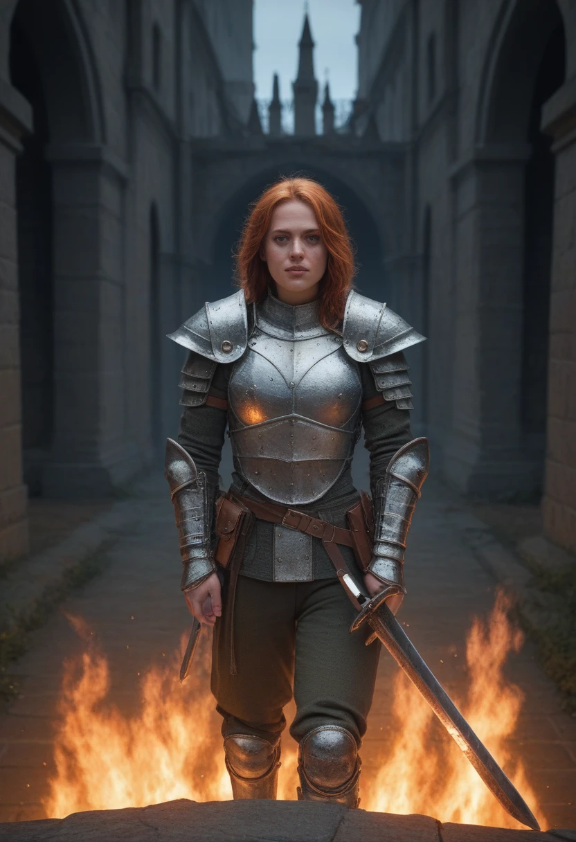 long shot scenic professional photography, score_9, score_8_above, score_7_above, warrior girl,  rusty knight armor, historic, [dark background:scenery:0.2], cinematographic,  Castle on fire, fire, war, sword, blood, detailed skin texture, (blush:0.2), [subsurface dispersion:0.5],  mujer ewat