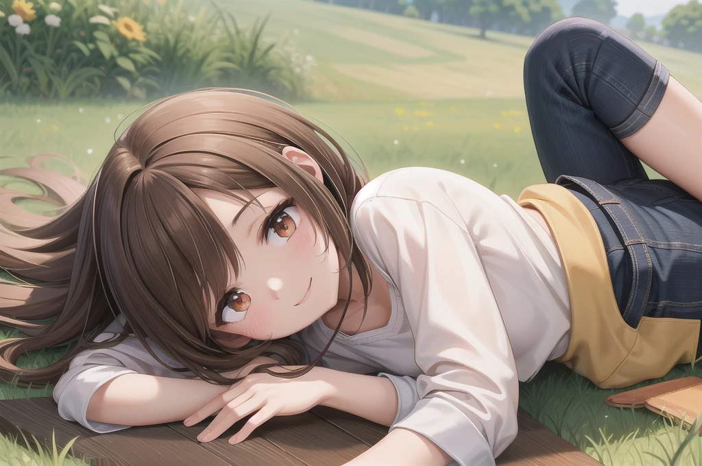 One girl, alone, 20-year-old, Brown eyes, Brown Hair, smile, Nice casual clothes, grassland, Lie down, headphone, masterpiece, Fine Fingers, 最high quality:1.4, high quality, detailed,