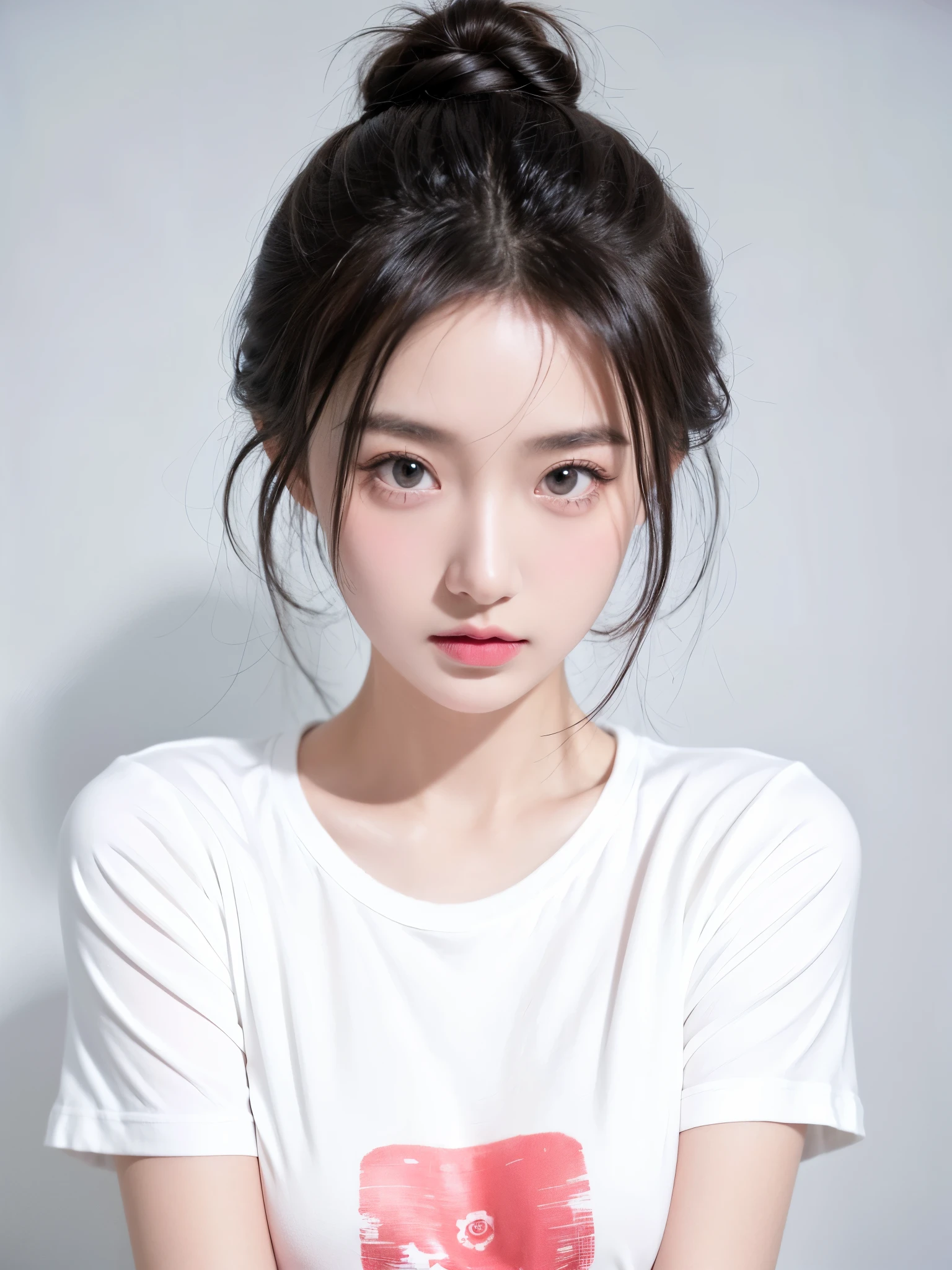 masterpiece,Best picture quality,Extreme details,Ultra-high resolution,Ultra-high definition,Beautiful young people,Glowing skin,thin,Black Hair,Half bun,1,big eyes,beautiful eyes,Lipstick,Exquisite facial features,Medium shot,Looking at the viewer, t-shirt,Single tone background,White background,Soft light