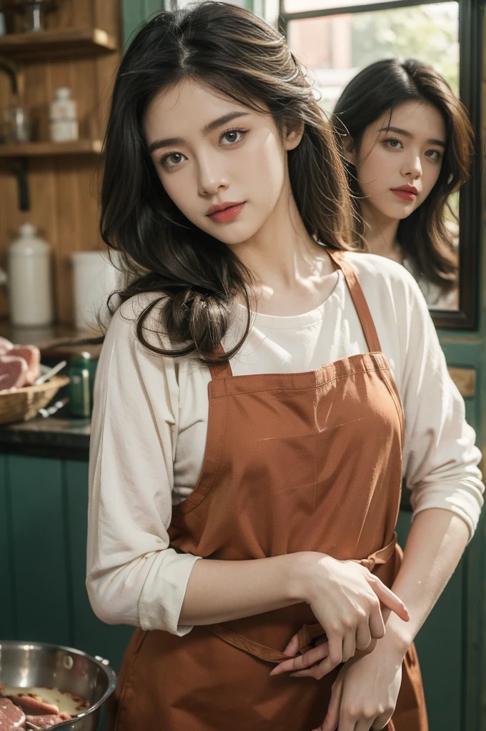 (((best quality))),(((ultra detailed))),(((masterpiece))),illustration,1girl,beautiful,young,girl,apron,slaughterhouse,workshop,freshly butchered pork,brightly colored apron,determination,fair skin,deep green eyes,mischief,carcasses,smile,meat,stains,smears,blood,guts,charm,sea of pork,meat smell,disinfectant,blood scent,grime,harsh lighting,shadows,gritty environment,center of attention,strength,perseverance