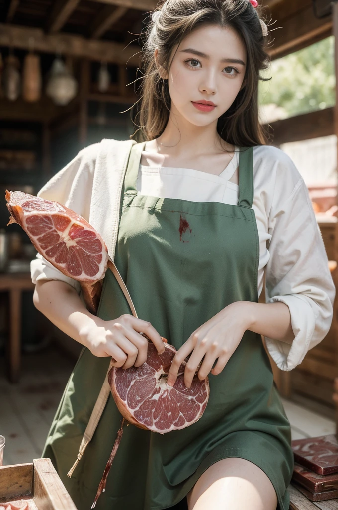 (((best quality))),(((ultra detailed))),(((masterpiece))),illustration,1girl,beautiful,young,girl,apron,slaughterhouse,workshop,freshly butchered pork,brightly colored apron,determination,fair skin,deep green eyes,mischief,carcasses,smile,meat,stains,smears,blood,guts,charm,sea of pork,meat smell,disinfectant,blood scent,grime,harsh lighting,shadows,gritty environment,center of attention,strength,perseverance