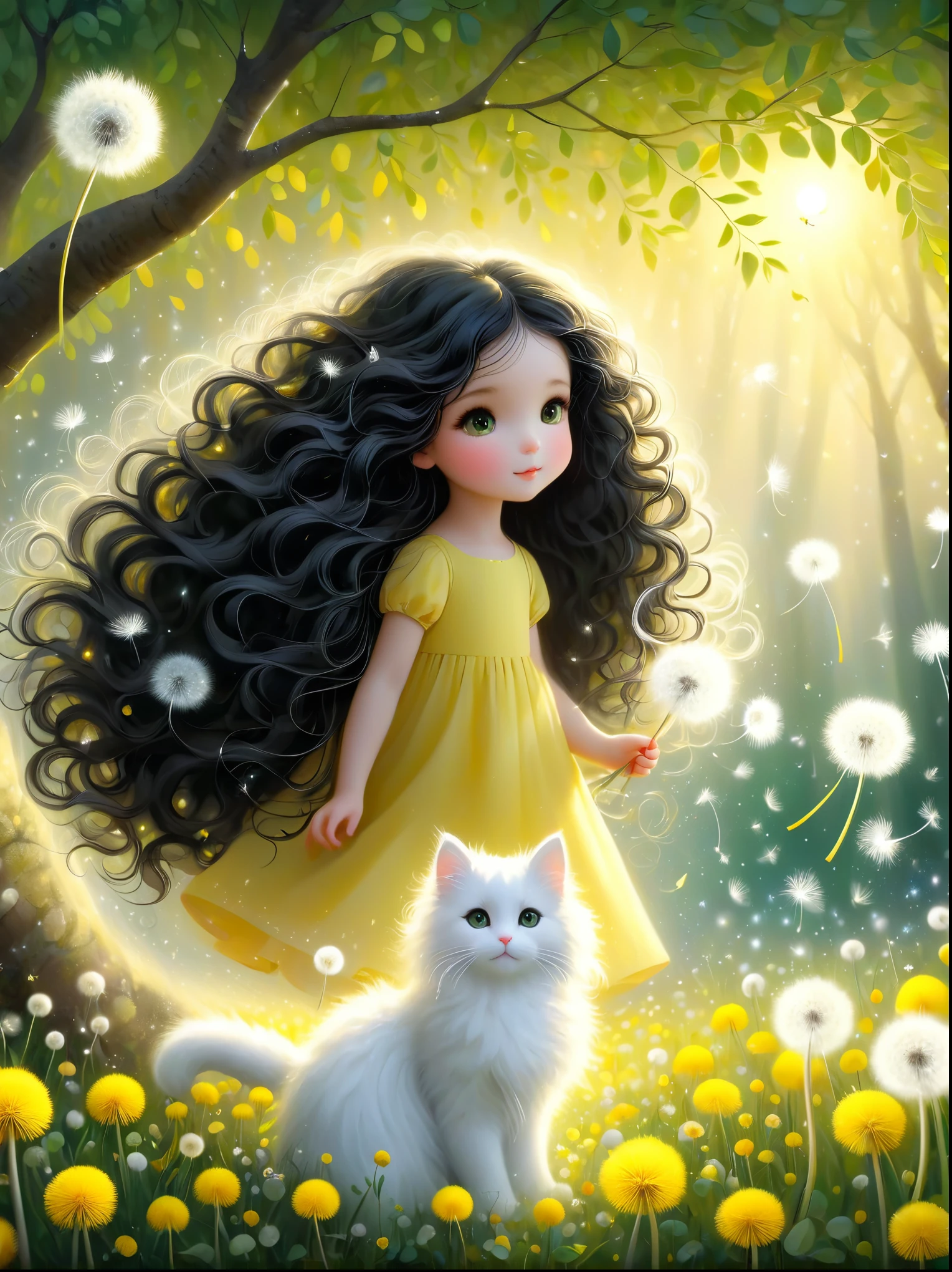 1girl, cute, long black curly hair, a white cat, soft light, dandelions flying down from the trees, the ground is covered with yellow and green leaves, emitting silver light, childlike innocence, storybook-like, gentle depiction of nature, worn, so beautiful,  in the style of Amanda clark, Evgeni gordiets, 1nhbm1