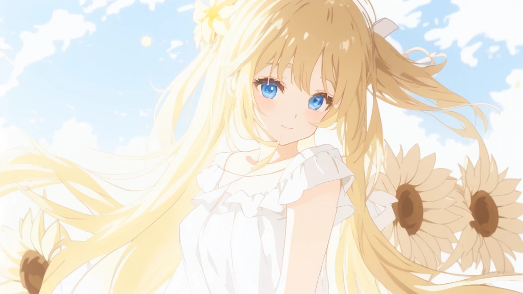 Anime girl with long golden ponytails and blue eyes, holding a straw hat in her hand and wearing a white off-shoulder dress, with a sunflower behind her, looking at the camera, Anime Goddess, In the anime painter studio, Soft anime illustration, Anime Shadows), ta in a skirt, Anime art style, Anime Shadows, Digital Animation Art!!, Produced in collaboration with Anime Painter Studio, pixiv style