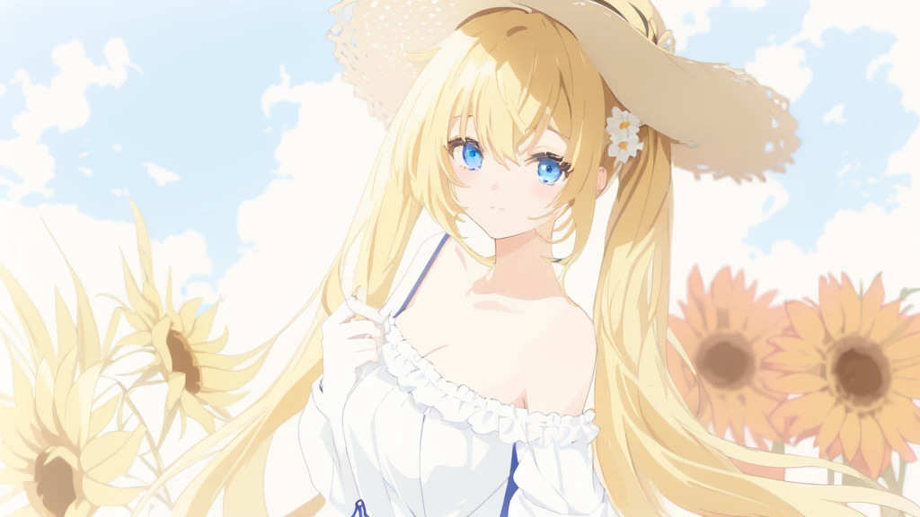 Anime girl with long golden ponytails and blue eyes, holding a straw hat in her hand and wearing a white off-shoulder dress, with a sunflower behind her, looking at the camera, Anime Goddess, In the anime painter studio, Soft anime illustration, Anime Shadows), ta in a skirt, Anime art style, Anime Shadows, Digital Animation Art!!, Produced in collaboration with Anime Painter Studio, pixiv style