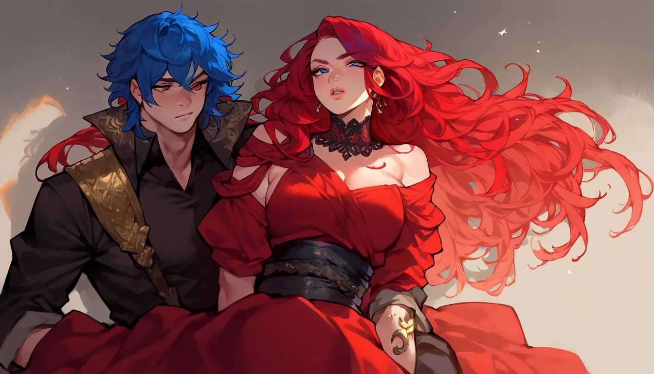 (masterpiece, 1girl, (tabaxi:1.2), red hair, long hair, curvy haircut, red eyes, female clothes, red dress) [SEP] (masterpiece, 1boy, blue hair, blue eyes, male clothes)